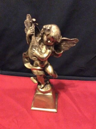 Antique Victorian Brass Winged Angel Cherub Playing Banjo 3d Statue 11 " - 1/4 Tall