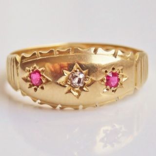 Stunning Antique Victorian 18ct Gold Ruby & Diamond Trilogy Ring C1889