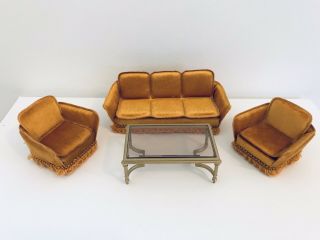 Vintage Lundby Sweden Dollhouse Velvet Suite Couch Table Living Room Furniture