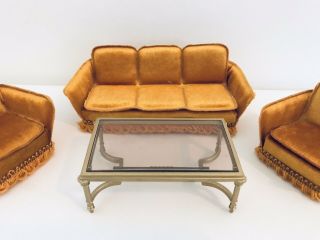 Vintage Lundby Sweden dollhouse velvet suite couch table living room furniture 3