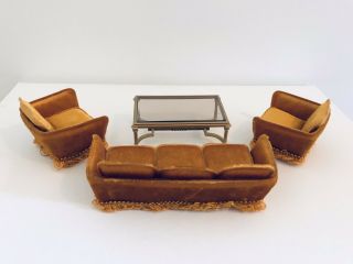 Vintage Lundby Sweden dollhouse velvet suite couch table living room furniture 5