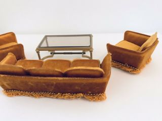 Vintage Lundby Sweden dollhouse velvet suite couch table living room furniture 7
