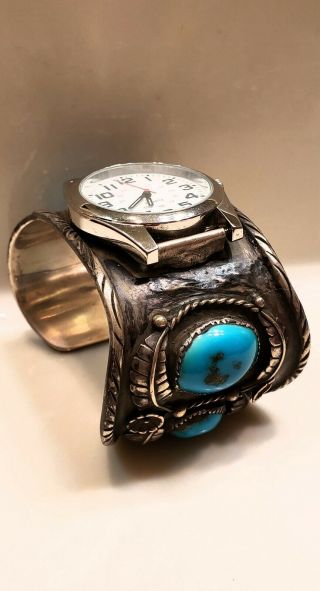 Vintage Antique Old Pawn Sterling Silver Turquoise Watch Cuff Bracelet 123.  3g