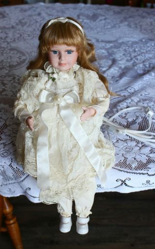 Vintage Electric Moveable Life - Like Porcelain Doll Sits On Shelf 16 " Victorian
