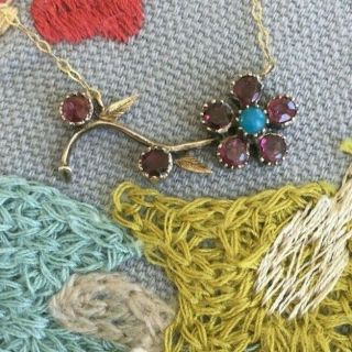 Antique Georgian Garnet Turquoise Flower 9ct Pendant Necklace Victorian