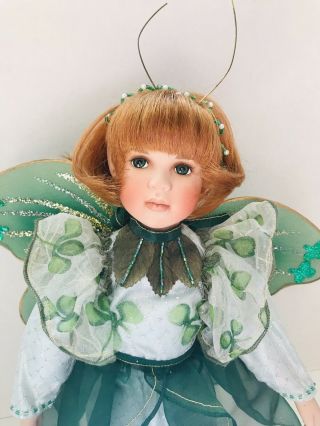 Rare 14” Vtg Porcelain Irish Fairy Doll by Linda Mason “Clover” W/stand Red Head 3