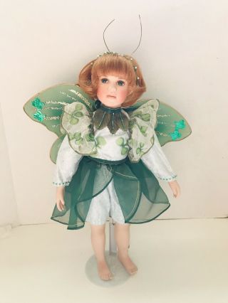 Rare 14” Vtg Porcelain Irish Fairy Doll by Linda Mason “Clover” W/stand Red Head 5