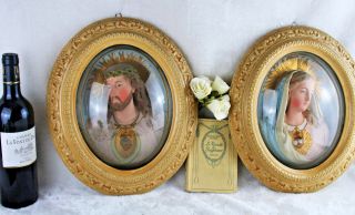 Antique Pair 1880 French Ceramic Polychrome Wall Plaques Christ Madonna Relief