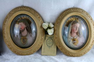 Antique PAIR 1880 French Ceramic polychrome Wall plaques christ Madonna relief 2