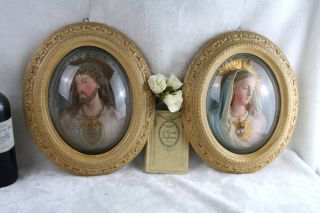 Antique PAIR 1880 French Ceramic polychrome Wall plaques christ Madonna relief 4