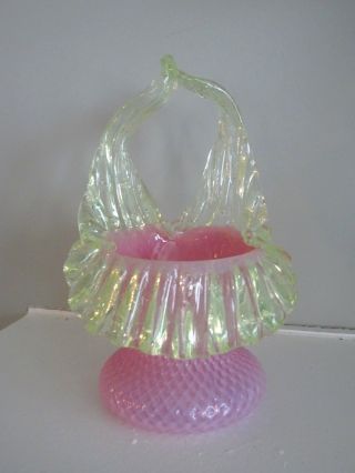 Rare Kralik Antique Glass Bohemian Floriform Basket Vase Pink Opaline Vaseline