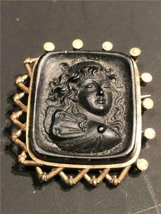 Antique 19th Century Victorian Era Carved Jet Glass Cameo Pin