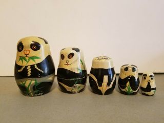 Panda Nesting Dolls Vintage Set Of 5,  Wooden Hand Carved Hand Painted