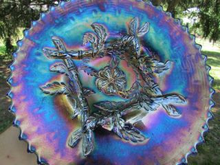 Dugan Apple Blossom Twigs Antique Carnival Art Glass Plate Blue Gorgeous