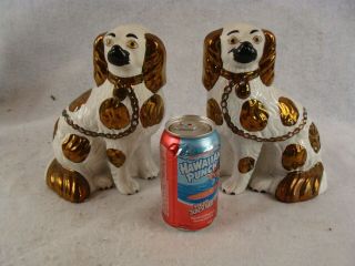 Pair Antique Staffordshire Gilt Pottery Spaniel Dog Figures