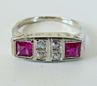 Antique Art Deco Diamond Ruby 18k White Gold Ring Size 5.  5