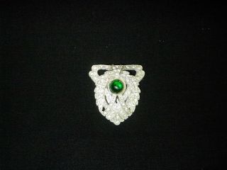 Antique Dress Scarf Clip Rhinestone Paste With Green Cabochon Vintage