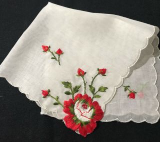 Old Vintage Red Rose Embroidery Handkerchief 10 3/4 " Sq " Scalloped Edges Hem.