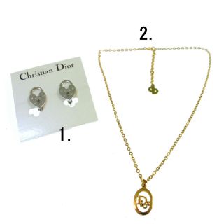 Auth Christian Dior Logos Earrings Necklace 2 Set Silver Gold Vintage Ak33903