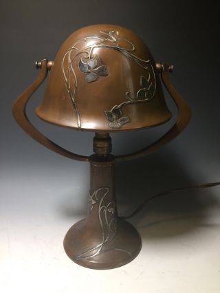 Antique Heintz Bronze & Silver Overlay Arts & Crafts Boudoir Table Lamp