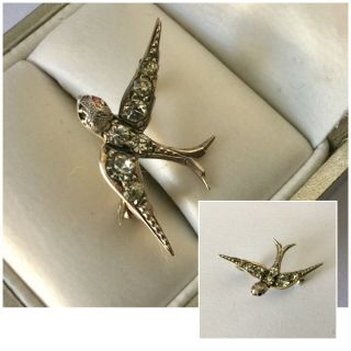 Antique Jewellery Sterling Silver Hm & Crystal Bird In Flight Brooch Pin