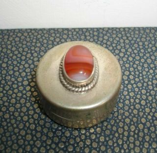 Vintage Continental Silver Pill Box Set With Oval Agate Cabochon