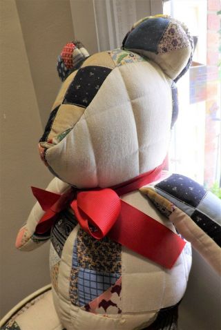 Vintage Patchwork Quilt Teddy Bear With Red Ribbon Bow,  Cute