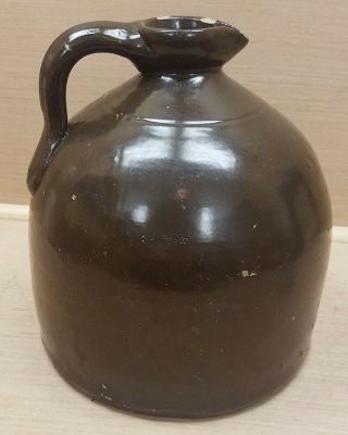 Vintage Stoneware Jug Brown Glaze Pouring Spout And Handle Molasses Whiskey