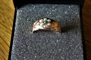 Antique 9ct Gold Ring With Six Seed Pearls And Turquoise Center Chester 1912