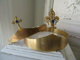 2 Gorgeous Old Vintage French Crown Tiara Fleur De Lis & Cross Blue Rhinestones
