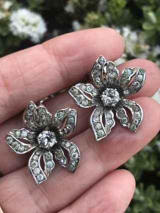 Antique Vintage 925 Sterling Silver Diamond Paste Flower Clip Earrings