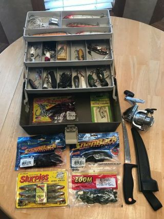 Vintage Tackle Box Full Of Old Fishing Lures And Reel Fishing Tackle