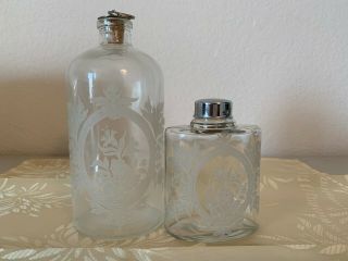2 Vintage Floral Etched Pharmacy Apothecary Medical Glass Bottle