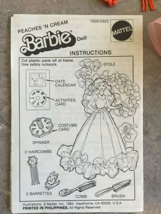 Vintage BARBIE 1984 PEACHES ' N CREAM Superstar Era Doll Gown Shoes Spinner Acces 5