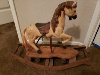 Antique Rocking Horse.  Real Leather Saddle,  Brass Stirrups,  And Real Hair Tail.
