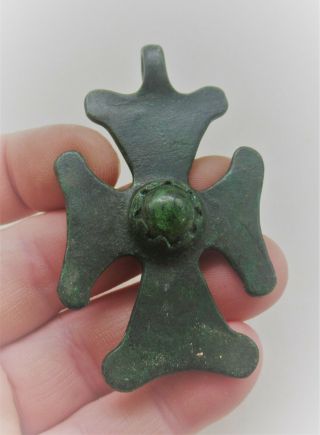 Ancient Byzantine Bronze Religious Cross Pendant With Green Stone Inset