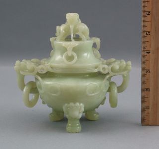 Exceptional Authentic Chinese Finely Hand Carved Celadon Jade Dragon Censor