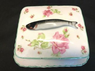 Antique Porcelain Sardine Box Dish Server Hand Painted Fish Handle & Rose Austri