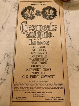 Vintage Antique Chesapeake And Ohio Railroad Lines 1921 Time Table Fold Out
