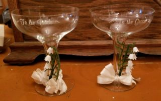 Vintage Bride Groom Wedding Toasting Champagne Glasses Lily Of The Valley 1970s