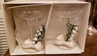 Vintage Bride Groom Wedding Toasting Champagne Glasses Lily Of The Valley 1970s 5