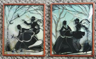 2 Antique Miniature Victorian Silhouettes Reverse Painted On Glass Framed 4x5