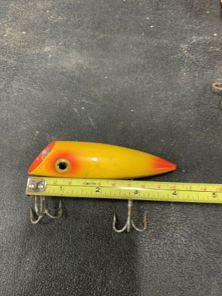 Vintage Fishing Lure Wooden Hanson Salmon Plug Scale Wood Yellow Red 4” Long