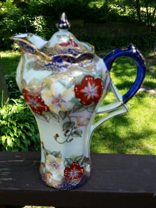 Gorgeous Antique Victorian Chocolate Pot,  Coffee Tea Gold Gilt,  Blue,  Flowers