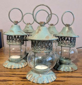 Antique Blue Metal Sphere Mini Candle Lantern Set Of 3