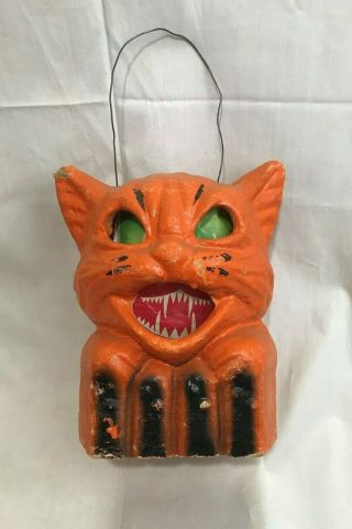 Orig.  German Antique Halloween Paper Mache Cat Jack - O - Lantern 7 1/2 "