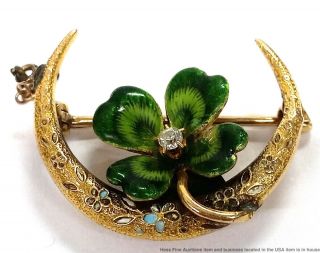 Antique Victorian 14k Gold Fine Diamond Enamel Crescent Moon 4 Leaf Clover Pin