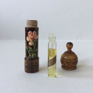 Vintage Bulgarian Small Wooden Perfume Bottle Holder Hand Painted With Rose Oil
