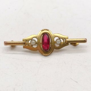 Antique Victorian 9ct Rolled Gold Ruby Red Glass Seed Pearl Set Brooch
