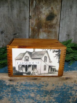 Antique Wood Fingerjointed Box W Old Photo Print Farmhouse